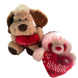 GANZ Brown Dog & Pink Sloth Plush Pet Toy Set with Red Hearts